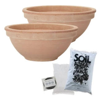 COSTCO Cyclamino Arena Terra Cotta Pot L 33.5 x 14.5cm 2 Pack with 10L Garden Soil and Pot Stone