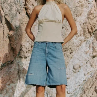 ZARA TRF MID-WAIST RIPPED BAGGY DENIM BERMUDA SHORTS