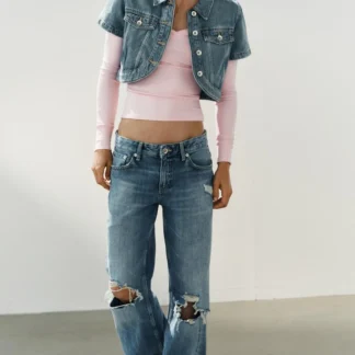 ZARA TRF ASYMMETRIC DENIM CROP SHIRT