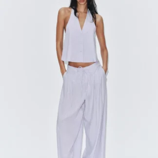 ZARA LINEN BLEND WIDE-LEG TROUSERS WITH PLEATS