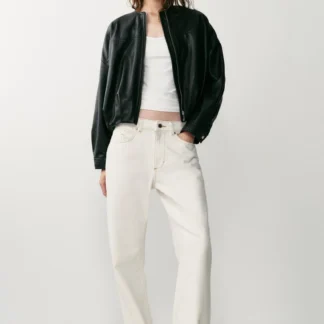 ZARA LEATHER EFFECT PUFFBALL BOMBER JACKET