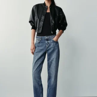 ZARA FAUX LEATHER BOMBER JACKET WITH SHOULDER PADS