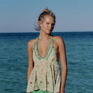 ZARA PRINTED EMBROIDERED HALTER TOP