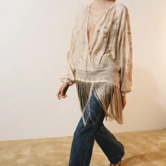 ZARA ZW COLLECTION EMBROIDERED FRINGED BLOUSE