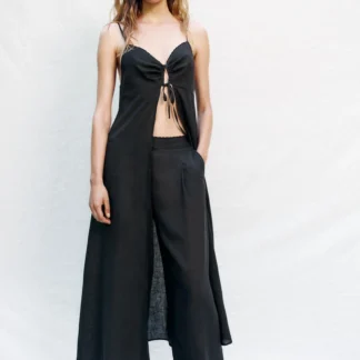 ZARA STRAIGHT LINEN BLEND TROUSERS WITH LACE TRIM
