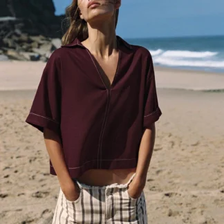 ZARA CONTRAST PIPING LINEN BLEND TOP