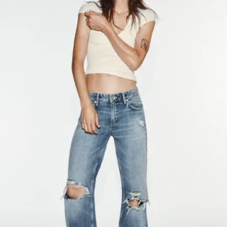 ZARA TRF MID-WAIST RIPPED FLARE JEANS