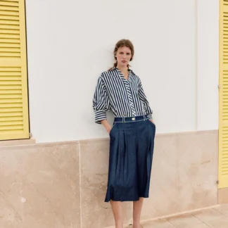 ZARA STRIPED LINEN BLEND PUFF SLEEVE SHIRT