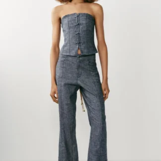 ZARA LINEN BLEND CROP TOP WITH FROG FASTENING