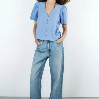 ZARA POPLIN TOP WITH FAUX PEARL BUTTONS