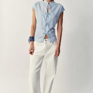 ZARA METALLIC THREAD STRIPED BLOUSE WITH BOWS