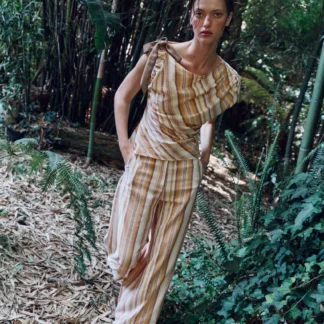 ZARA STRIPED LINEN BLEND WIDE-LEG TROUSERS
