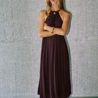 ZARA PLEATED MIDI DRESS WITH FLOWER BROOCH