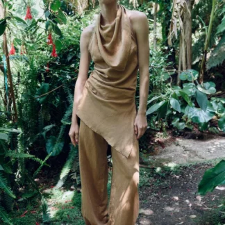 ZARA LINEN BLEND ASYMMETRIC HALTER TOP