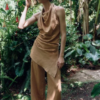 ZARA LINEN BLEND WIDE-LEG TROUSERS WITH DRAWSTRINGS