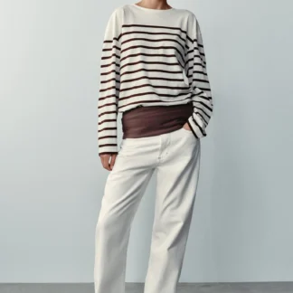 ZARA STRIPED COTTON AND LINEN T-SHIRT