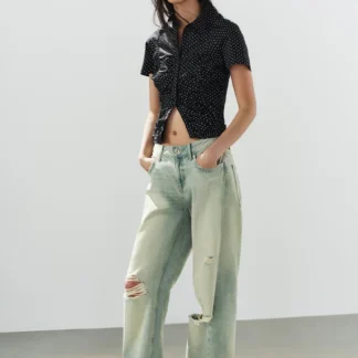 ZARA POLKA DOT GATHERED POPLIN SHIRT