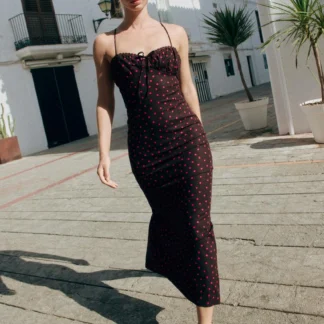 ZARA LINEN BLEND POLKA DOT MIDI DRESS