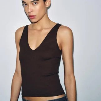 ZARA Vネックリブトップス