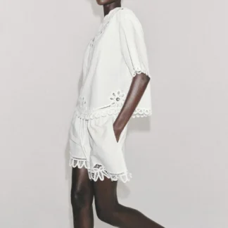 ZARA ZW COLLECTION EMBROIDERED LINEN BLEND SHORTS