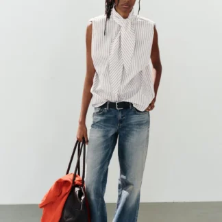 ZARA STRIPED SHIRT WITH TIE DETAIL AND SHOULDER PADS