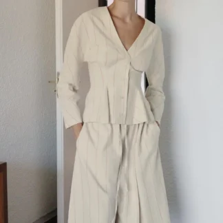 ZARA STRIPED FITTED LINEN BLEND BLOUSE