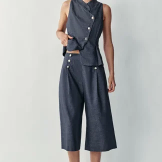ZARA LONG LINEN BLEND BUTTON BERMUDA SHORTS