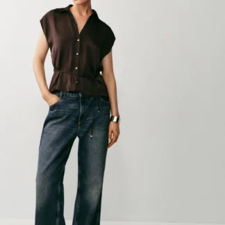ZARA SHORT SLEEVE SATIN SHIRT WITH BELT