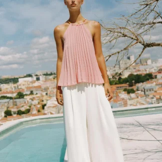 ZARA BEADED PLEATED HALTER TOP