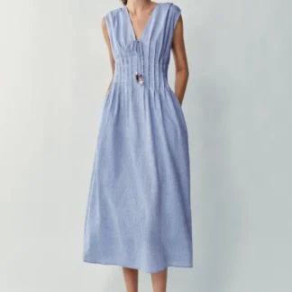 ZARA LINEN BLEND PINTUCK MIDI DRESS