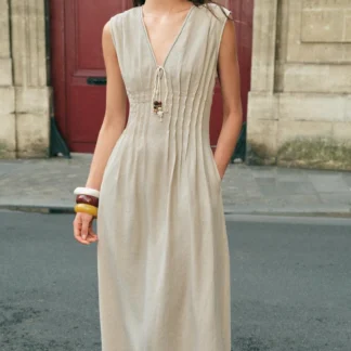 ZARA LINEN BLEND MIDI DRESS WITH PIN TUCKS