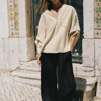 ZARA OVERSIZE LINEN BLEND SHIRT WITH CONTRAST TOPSTITCHING