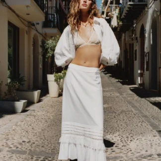 ZARA FRINGED LINEN BLEND MIDI SKIRT