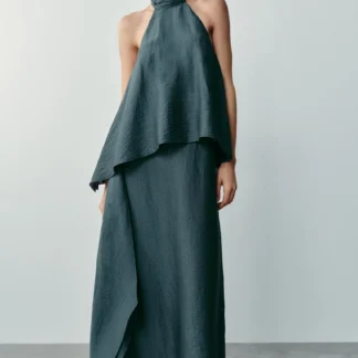 ZARA LINEN BLEND HALTER MIDI DRESS