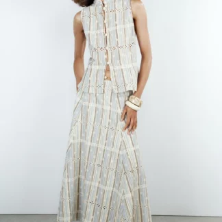 ZARA STRIPED EMBROIDERY MIDI SKIRT
