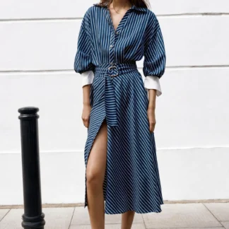 ZARA STRIPED BELTED MIDI DRESS