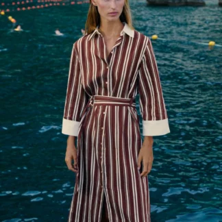 ZARA STRIPED BELTED MIDI SHIRT DRESS