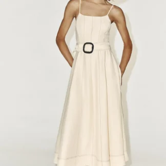 ZARA LINEN BLEND MIDI DRESS WITH CONTRAST STITCHING
