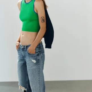 ZARA CONTRAST PIPED KNIT CROP TOP