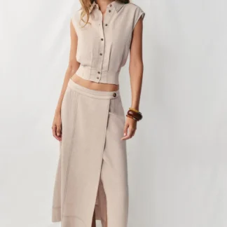 ZARA LINEN BLEND WRAP SKIRT WITH TOPSTITCHING