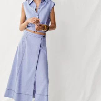 ZARA LINEN BLEND WRAP SKIRT WITH TOPSTITCHING