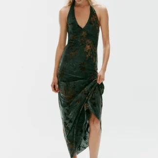 ZARA FLOCKED HALTER NECK LONG DRESS