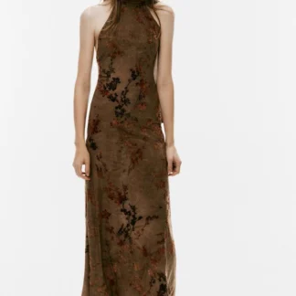 ZARA LONG FLOCKED HALTERNECK DRESS WITH FOULARD DETAIL