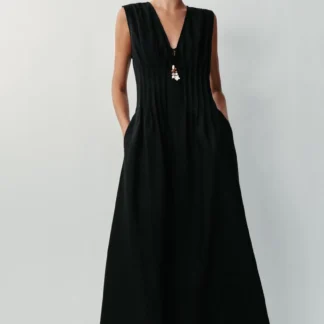 ZARA LINEN BLEND MIDI DRESS WITH PIN TUCKS