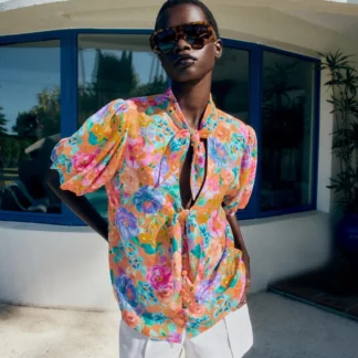 ZARA FLORAL PRINT BOW SHIRT
