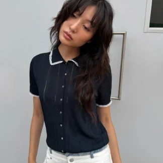 ZARA SHORT-SLEEVE LACE-TRIM POLO CARDIGAN