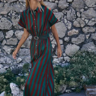 ZARA STRIPED BELTED MIDI SHIRT DRESS