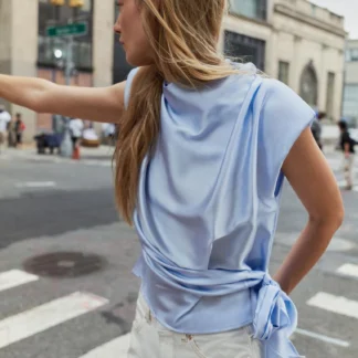 ZARA SATIN TOP WITH SHOULDER PADS AND KNOT