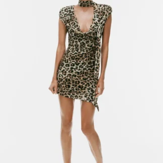 ZARA ANIMAL PRINT SCARF-DETAIL DRAPED MINI DRESS