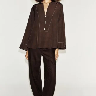 ZARA LINEN BLEND SHIRT WITH CONTRAST STITCHING